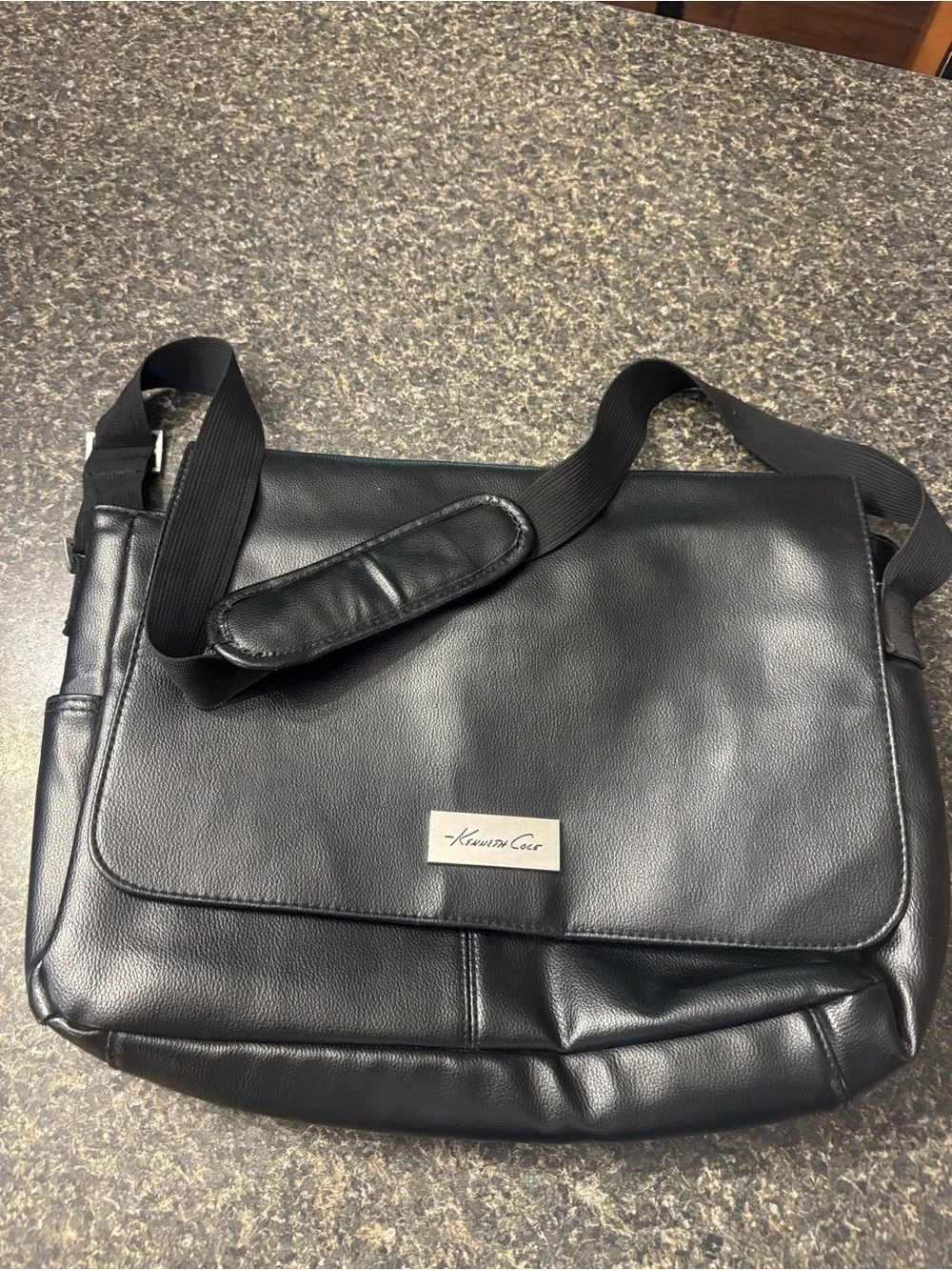 Kenneth Cole Black Faux Leather Messenger Bag with Adjustable Strap